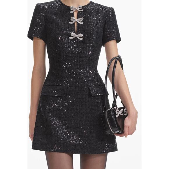 Self Portrait Black Boucle Bow Mini Dress Size 6 - Picture 4 of 12